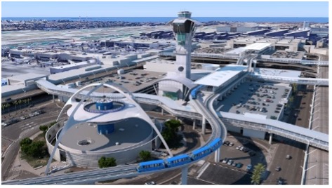 An aerial view of a large airport with a blue roller coaster.