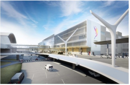 A rendering of the airport terminal with cars driving on it.