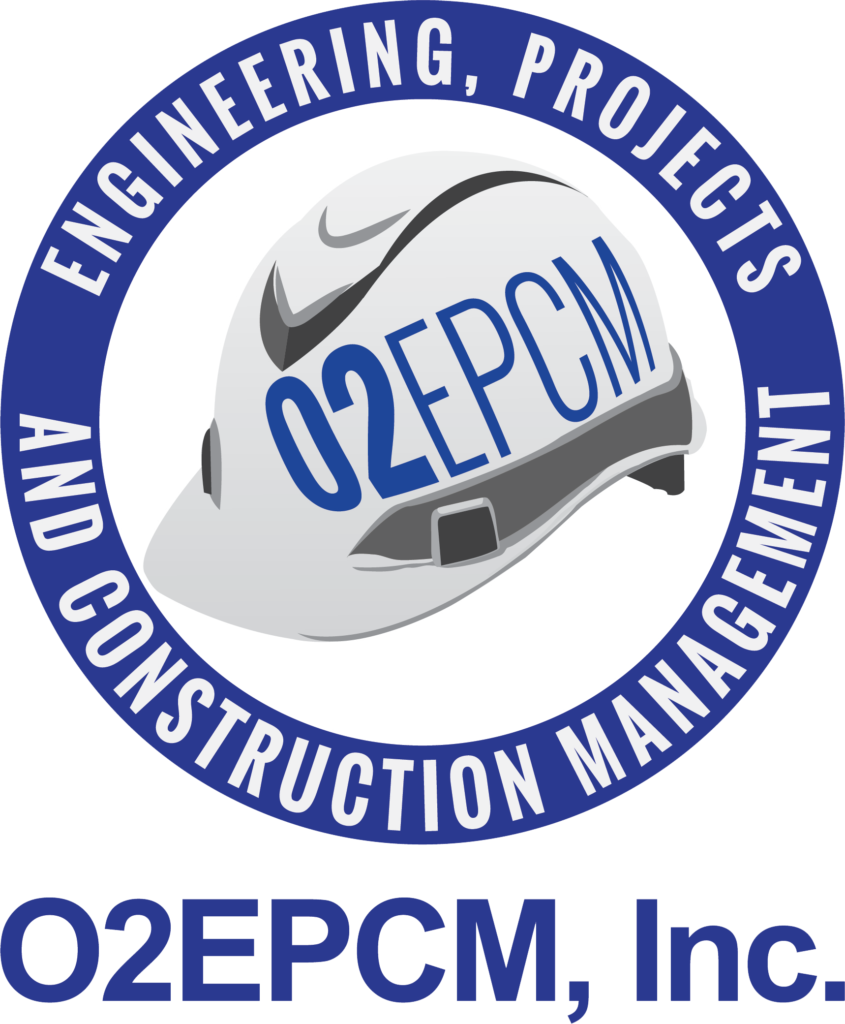A blue and white logo for engineering projects and construction management.